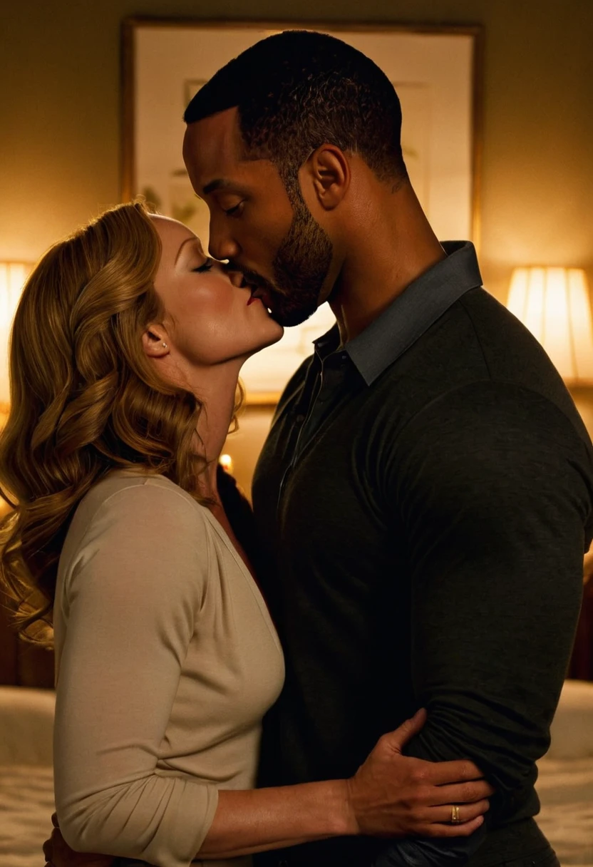 Avril Lavigne and a handsome African American male whose facial features are a combo of Aldis Hodge + Trevante Rhodes + Charles Michael Davis share a steamy kiss inside a bedroom lit only by candlelight. Avril has lovely makeup on her face. Nighttime. Romantic ambiance. Symmetrical eyes. Symmetrical faces. Lovely details. Photorealistic. Full-colored photo. Professional photo. Highly detailed 8K.