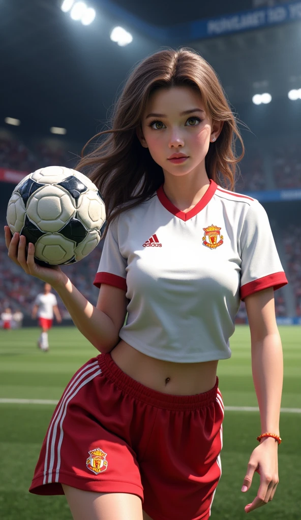 A teenage girl, tangled brown;, a black-eyed star, a beautiful face, wearing a red shirt with knots.., black rock-style shorts, slim, beautiful stomach, thin legs, standing on the stands of Football field., 30k, 3D, beautiful clothing details, highly detailed.