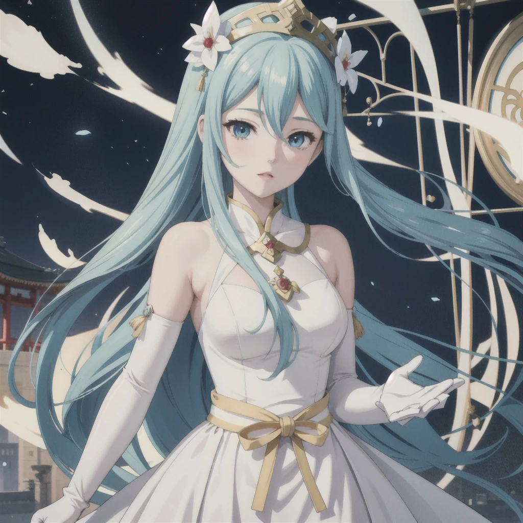 1 Girl, high resolution, masterpiece, Solitary, Japanese cartoons, absurd, Delicate face, Perfect eyes, Azura (Fire Emblem), Upper Body, whole body, White Dress, Jewelry, White gloves, city View, Keep, staff, Sing