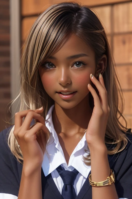 (((( one girl )))), Put your hand over your mouth、Beautiful breasts、 Brown eyes, ((Gal Hairstyles)) blonde, girl, (Eye and facial details:1.0), break, (masterpiece, Highest quality, Very detailed, Detailed face, 8k),( dark skin:2.0 ), (((( school uniform )))),( open mouth )