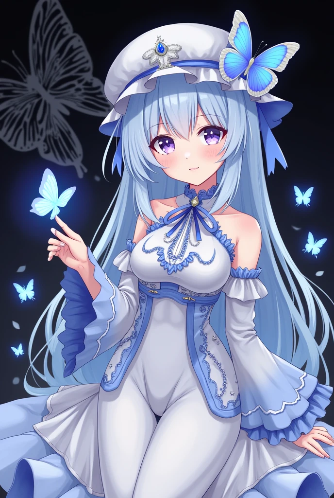 Left-facing, ((((Masterpiece)))), (((Best Quality))), (((Very Detailed))), Detailed Fingers, Illustration, 1 Girl, Solo, Long Sky Blue Hair, Violet Colored Eyes, Flower Hair Ornament, White Feather Hair Ornament, Yellow Moon Hair Ornament, Wide Open Chest, Large Breasts, Large White Ribbon at the Waist, Yellow Idol Dress, With White Flowers, Choker with Yellow Ribbon, White Gloves, White Tights , Yellow Shoes, MIKU, Royal Elegant Pose,