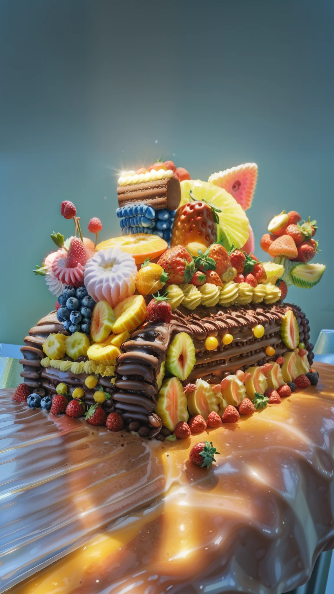 Chocolate cake with strawberries, fruits, cheerful arrangements, realistic, 8k,