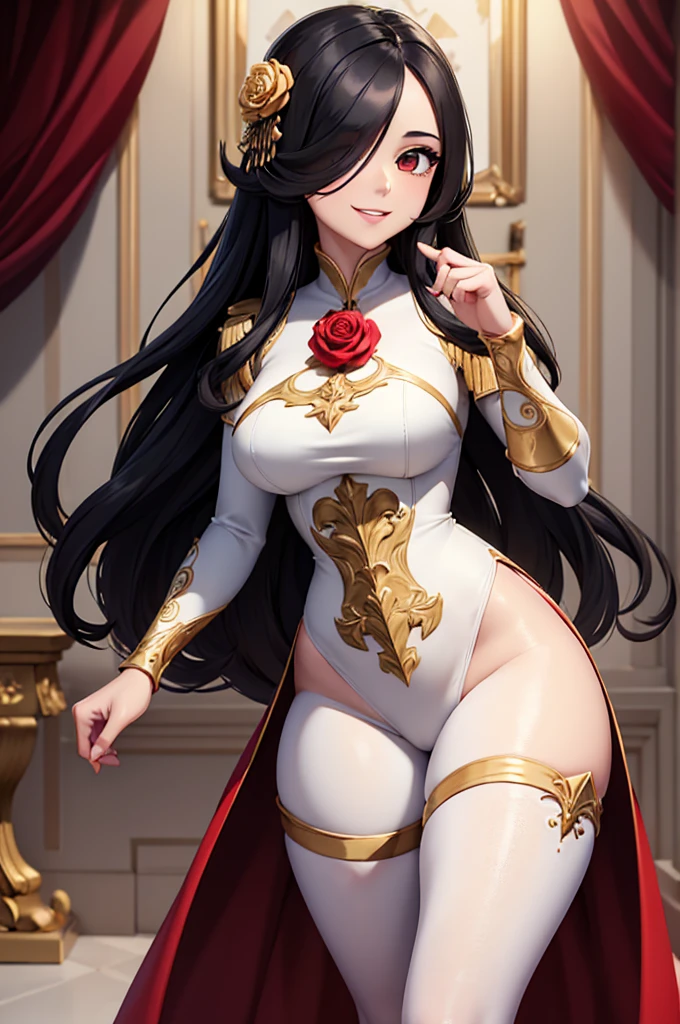 ((best quality)), ((masterpiece)), (detailed), perfect face, white tights, black-gold-red rose-dress, long black hair, kind smile, brazilian woman, hourglass, hourglass shape, hair over one eye