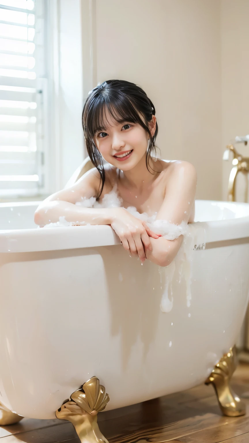 masutepiece, Best Quality, Illustration, Ultra-detailed, finely detail, hight resolution, 8K Wallpaper, Composition including perfect whole body, Beautiful detailed eyes, ((Bathing in a bubble bath:1.5)),((fullnude:1.5))、 Random and cute hairstyles, Protruding heavily from the swimsuit, Natural Color Lip,Beach, Random and cute poses,((A big smile that makes you squint)),((breastsout、under look eyes、Mole on the arm:0.9))、((short-cut))、((Walk along the coast))、((Frontal camera work))、((Scoop the foam with both hands:1)),((Traces of blood vessels in the chest)),(((Full body full of foam)))、((turned around))、rather large breasts