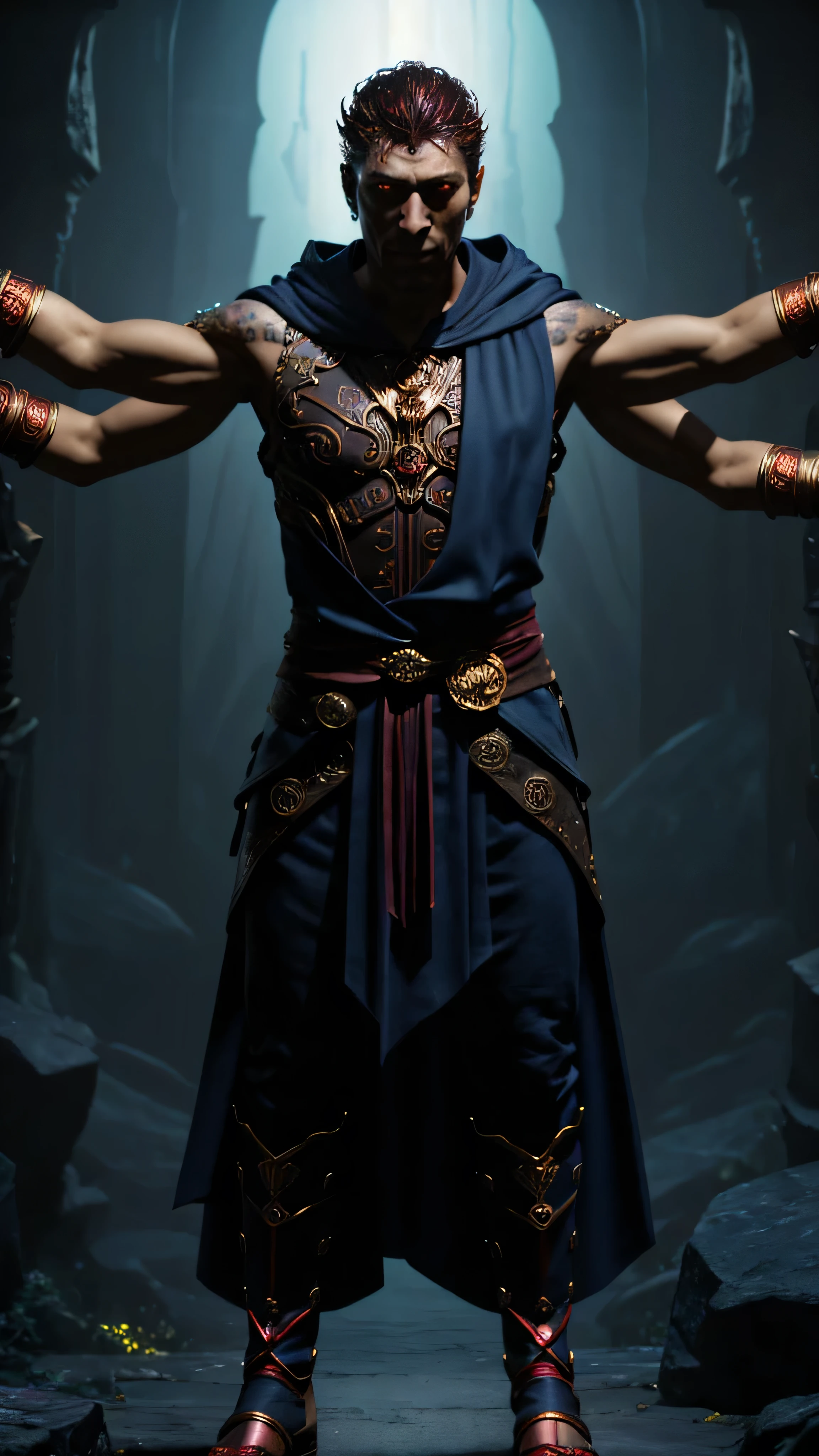 (Vincent Cassel) as Kollector from Mortal Kombat, menacing humanoid creature, ((4arm):1.2), ((four arms)), ((four-armed)), ((extra arms)), colored body skin, (((dark blue body skin))), glowing red eyes, lean build, intricate gold decorations adorning hood and clothing, tattered hood cloak with, upper body exposed, toned physique, cold menacing expression, holding different objects, magical tools, weapons, belt is adorned with elaborate carvings, glowing red gems, (insanely detailed, beautiful detailed face, masterpiece, best quality), cinematic lighting, 1man, solo, full body view, front view, looking at viewer, intricate, high detail, sharp focus, dramatic, photorealistic painting art by greg rutkowski