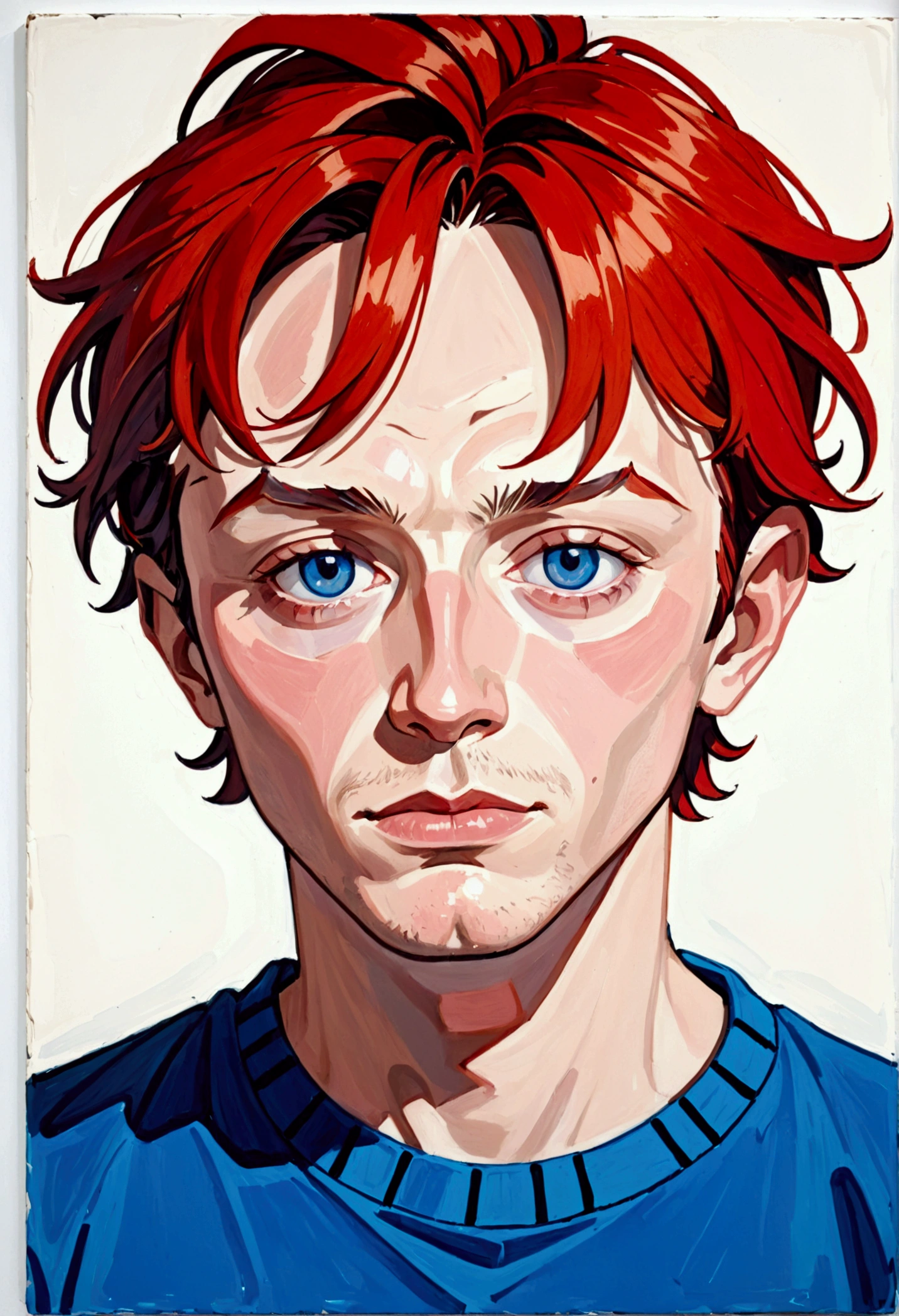 
a painting of a man with a blue shirt and red hair, inspired by Harry Beckhoff, inspired by George Baselitz, inspired by Spencer Gore, inspired by Gary Panter, gouache and ink, inspired by Cuno Amiet, spontaneous portrait, portrait face, portrait 4 / 3, gouache on paper, colorful portrait, portrait alone, inspired by Georg Baselitz