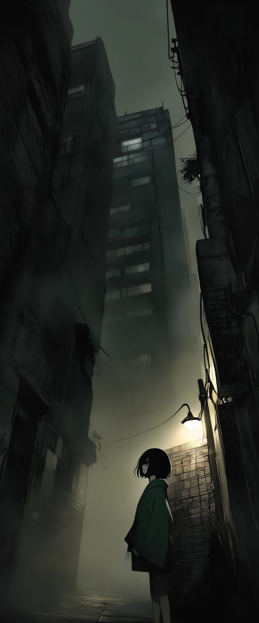 Shiny dark green silk kimono。,Walking in the fog。Black belt。Expressionless。。Short。Black medium hair。Close-up on upper body。Gazing at the audience。black eye。One person。darkness。Spooky atmosphere。Japan。Concrete city。Narrow Alley。Dark atmosphere without light。night。Chiaroscuro,Skyscraper。breast enhancement。angle from below。