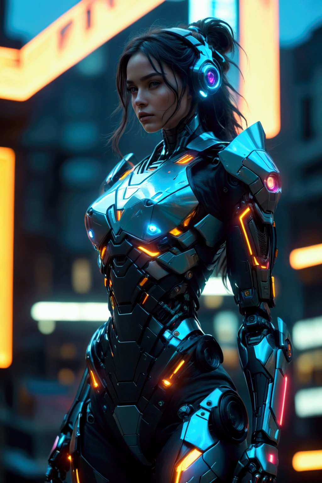 female mecha, closed cyberpunk helmet, superheroine, scifi, ultra-technological, robotic exoskeleton, neon lights, stealthy mode, Matte Black Metal, technomagic, magic, powerful, heroine fullbody pose, fullbody, cinematic lights, cinematic light and shadow effects, superheroes movie, photorealistic