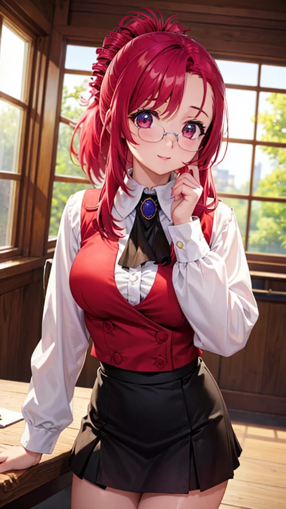 A beautiful anime girl, very beautiful face, happy face, sonrisa feliz , cabello muy largo, cabello rojo, ojos morados, cara feliz, pupilas en forma de corazon, mizuho kazami, very detailed eyes, sentada afuera de una escuela,vista desde arriba, beautiful body, pechos medianos, muslos grandes,km1, 1girl, red hair,  jewelry, ascot, blusa corta, miniskirt, long sleeves, glasses, beautiful female body, body 1:3 ,caja de chocolates en la mano,  a school, sentada en banqueta, maximum quality, Perfect anatomy, masterpiece, HD, well detailed 
