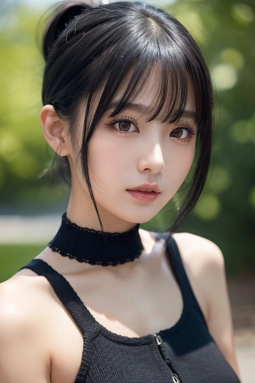 One Girl，(1人のとてもcute女の子:1.3)，masterpiece，Highest quality，High resolution，From below，Low - Angle，Photorealistic，RAW Photos，Ray Tracing，beautiful girl，(6 years old:1.3)，cute，Big eyes，(detailed pupils:1.2)，(The face is facing forward:1.3)，Cute nose，Beautiful nose，Upturned nose，Fuller lips，Short black hair，ponytail，short hair，Detailed eyelashes，Thin eyebrows，Very fine grain definition，(Symmetrical eyes:1.3)，(Face close-up，Face Focus:1.0)，Small breasts，Short neck，Off the shoulder，People emerge，Dark Background，forest，Portrait，View Viewer，Upper Body，Cinema Lighting，High resolution，Very detailed