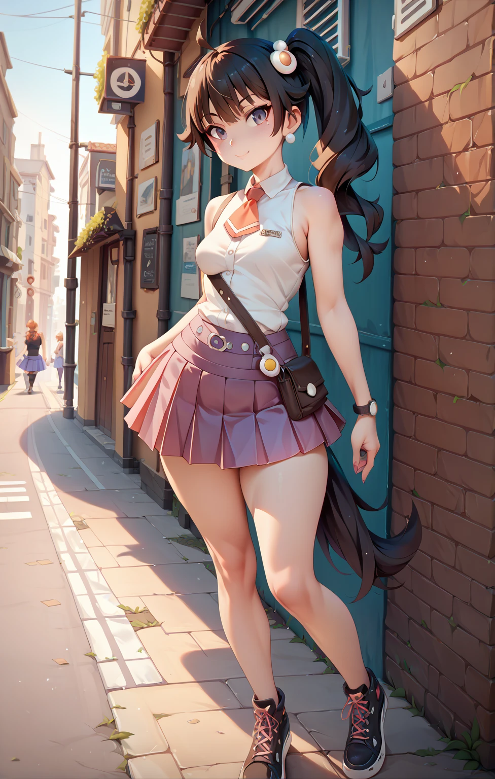 8K quality, Ultra-detailed, Perfect contrast, Perfect illustration, masterpiece, karen araragi from Monogatari Series, small curvy pudgy puffy breasts, pony tail hair, standing, alleyway, skirt, sleeveless top