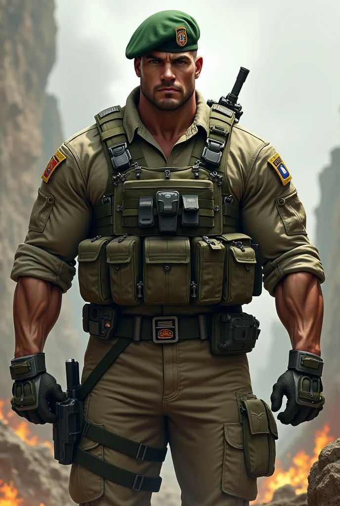 A very handsome big muscular man wearing a soldier combar uniform, with tactical gloves and spec ops green beret, rolled up sleeves, showing biceps, background a battlefield