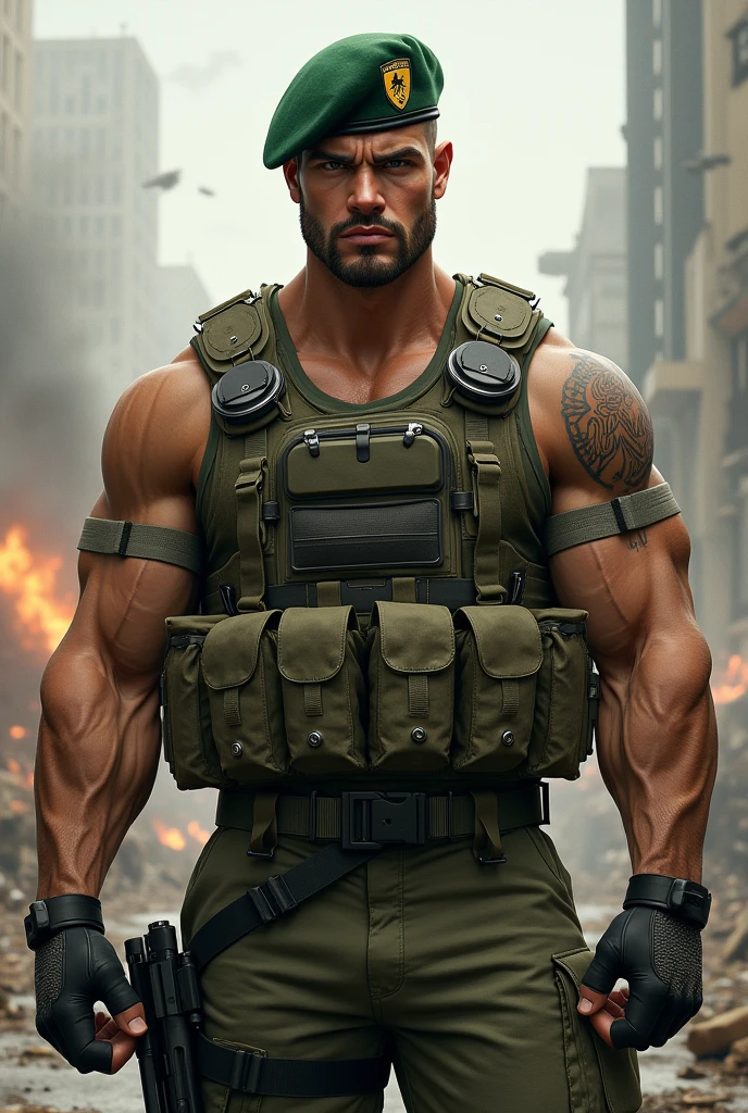 A very handsome big muscular man wearing a soldier combar uniform, with tactical gloves and spec ops green beret, rolled up sleeves, showing biceps, background a battlefield