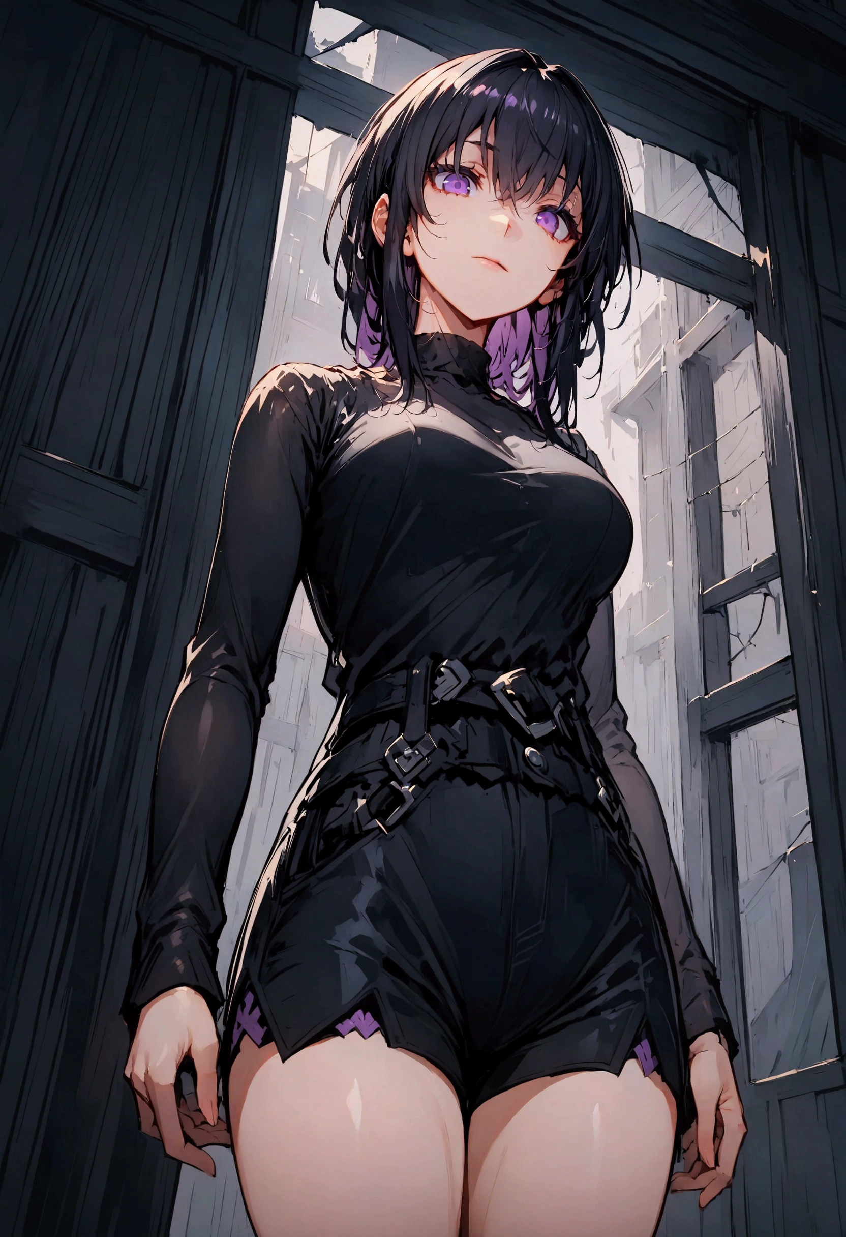 Anime girl, black sweater, minishorts, purple eyes, long, unkempt black hair,