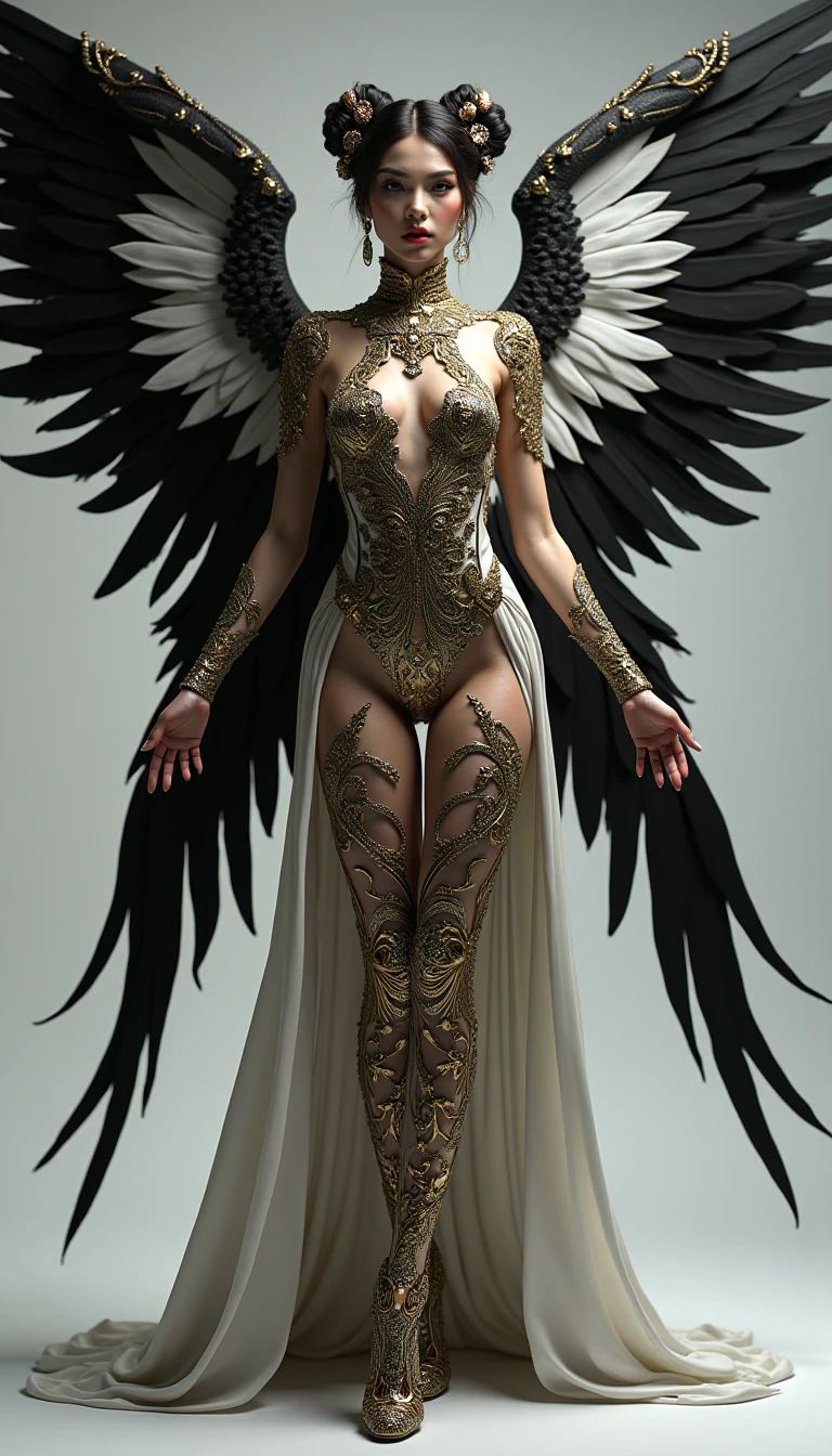 devil god, (Silhouette:1.5), (Realistic picture, highest resolution, 16k), ((She has 12 wings on her back:1.5), (6 white wings:1.5) and (6 black wings:1.5)), ((She has 12 wings on her back.:1.5), Separate theme, สับหว่างระหว่างปีกนางฟ้าandปีกมาร, สับหว่างระหว่างปีกสีขาวandปีกสีดำ, Layered wings, (12 white wings:1.5) and (12 black wings:1.5)), Separate themeปีกจอมมารandปีกนางฟ้า, (many wings, wings separated, 12 wings on her shoulders:1.4, เทพเจ้าจอมมารที่มีปีกกว้างandมีพลังมหาศาลอยู่บนไหล่ของเขา, Add dynamic wings), (12 wings on the shoulders:1.6), (Beautiful girl with two meter long hair, striking long hair, Beauty that comes from long hair, long black hair), (Smooth white skin, Smooth white skin, Smooth white skin), (Lips are very red.,), ((stand, that is finished)), (Huge breasts, Massive breast, The breasts are soft and fluffy., Plump breasts, A gigantic rift, Huge breast), (thin body, flat stomach, small waist, hips raised, small thighs, Long legs), (dynamic post), (Female height 172 centimeters), (perfect proportions, Anatomically correct, proportional anatomy), (full body, เหมือนfull body, See the whole body., Visible in every part of the body), (Porn, naked, exposed body, not wearing clothes, naked, naked, not wearing underwear, Hot striptease, see pussy, see tits, Look at that pussy., see breasts, Breasts that are too large, Shave pubic hair), (powerful wings, 12 bat wings:1.6, gigantic wings), (scene, ความdark, ในที่dark, deep shadow, dynamic light, Take realistic photos, background, dark, at night), The magic circle is behind., จักรวาลที่darkมิด, Wings that shine on their own, ((12 wings on the shoulders)), Twelve wings on the back, full body, See head to toe, She's boasting., naked body, bare, not wearing clothes, see tits and pussy, perfect body, flawless, Angel highest level, Devil MAX level, Devil with twelve wings, The twelve wings are clear., There are many wings on the back., The Devil's back has many wings., stand on the air, There is light in the palm of the hand., in the red eye