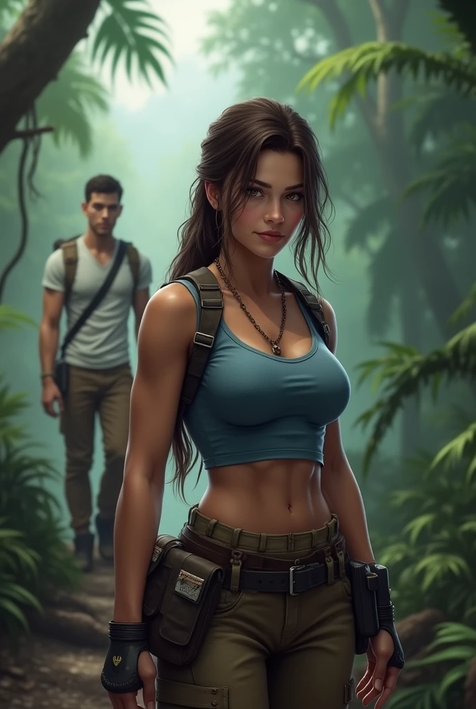 (sexy, striking, seductive) Tomb Raider, (detailed, beautiful) sky blue tank top, (practical, elegant) cargo shorts, single braid ponytail (adventurous, determined) expression on his face, (long, fluent) Brown hair, (fit, athletic) Physicist, (safe, powerful) Posture, (Visually impressive, Vibrant) jungle background, (sunlight streaming through the trees, casting dramatic shadows), (ancient ruins crumbling into the distance), (mystic, hidden) artifacts, (exotic, dangerous) wildlife, (authentic, photorealist) Art Style, (vivid, crowded) colors, (dynamic, dramatic) Turning on, (Best Quality, High resolution) Image, (ultra-detailed, sharp focus) about the character, (professionally rendered, realist) Textures, (bokeh) effect for depth of field, no tattoos, huge breasts, light blue tank top, ripped tank top,
