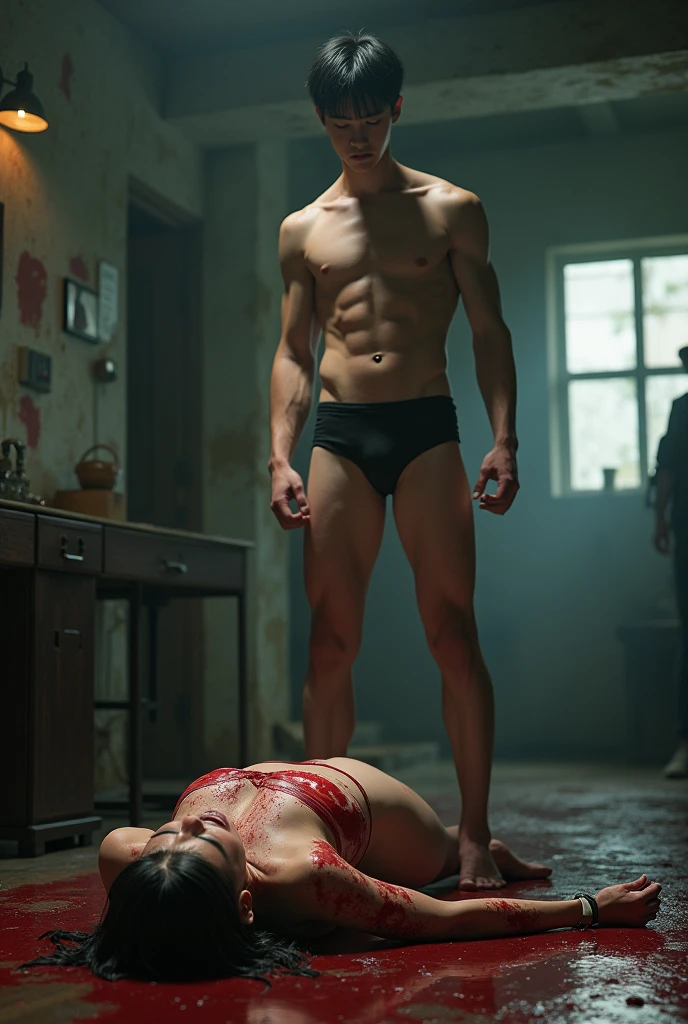 A black haired male police officer, wearing a bulletproof vest facing backwards and staring , where there is a man hanging with a chain without wearing any clothes, The eerie atmosphere of an abandoned room like a psychopath. Realistic back to camera. Realistic real. Holding a gun