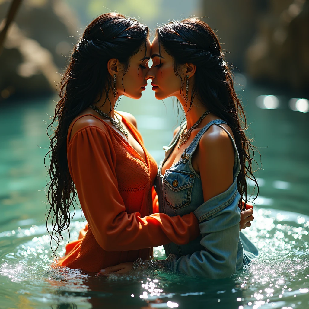 A 19-year-old native beautiful Apache woman with tanned skin and a 20-year-old Apache. Both are dressed in traditional sexy Apache attire., big breasts, her long dark brown hair blowing in the wind as they kiss passional. professional photography, natural lighting, volumetric lighting maximalist photo illustration 8k resolution concept art intricately detailed, complex, elegant, expansive, fantastical, realistic beauty, long red hair, unique eyes, natural beauty, forest, feminine, rain, river bank, sultry beauty, professional portrait, abstract beauty. super detailed photography, Play of light in the sun rain, downpour, ((a drop of water falling from a height onto the surface of the water)), splashes, luminism, intricate, 4k concept art volumetric light, unrealistic engine, global illumination, detailed environment.