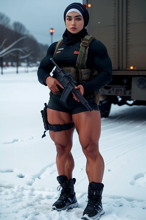 Photorealistic, high resolution, 1 malay woman in hijab, Solo, Hips up, Snow background,view the viewer, (Detailed face), White hijab, SWAT vests, sniper rifle handle, Black military uniform, bulletproof vest, Holding an assault rifle, M16, Inside the city, Very detailed, Perfect face, Black eye, jewelry, (full body view)
