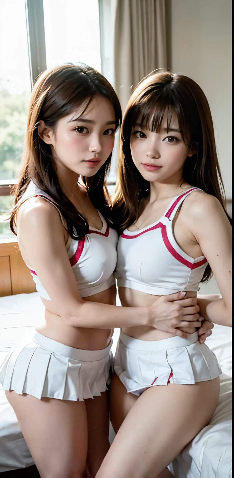 missionary position vaginal sex,(((having vaginal sex))), (((two girls))),delicate and cute girls with brown hair,((cheerleaders)),(((cheerleading uniform))),(((cheergirls))),(((cheergirls uniform)))、16years、Super8K Ultra High Definition、Delicate texture、 Medium Hair、flat chest、(((pleated mini skirt)))、(((Wear a cheerleading uniform)))、,Plain clothes,spreading her legs,exposed panties,nsfw,middle breast,in hotel,lying down on the bed,spreading legs open wide with knees bent,creating the shape of the letter M,(((detailed race white panties))),Two  girls hugging、The lower part of the chest is emphasized and exposed..、The breasts are wet with milk、、zoom、Glowing Skin 5.your breasts will grow、Realistically(((.two s lying ))、(((two s grab each other&#39;Chest seen from behind)))、(Hold me close to your heart)、your breasts will grow、Wear a T-shirt．Wearing pink panties、(two Striking a sexy pose),penis,penis insert(((pink taste cheerleading uniform))),showing armpit