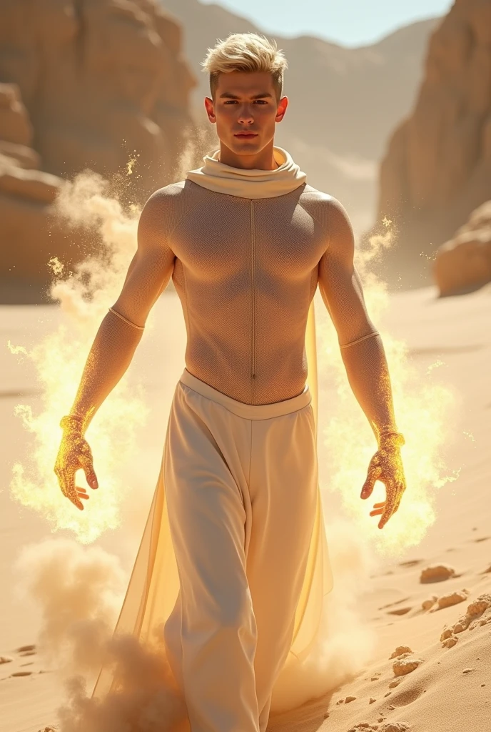 A young white man who controls sand