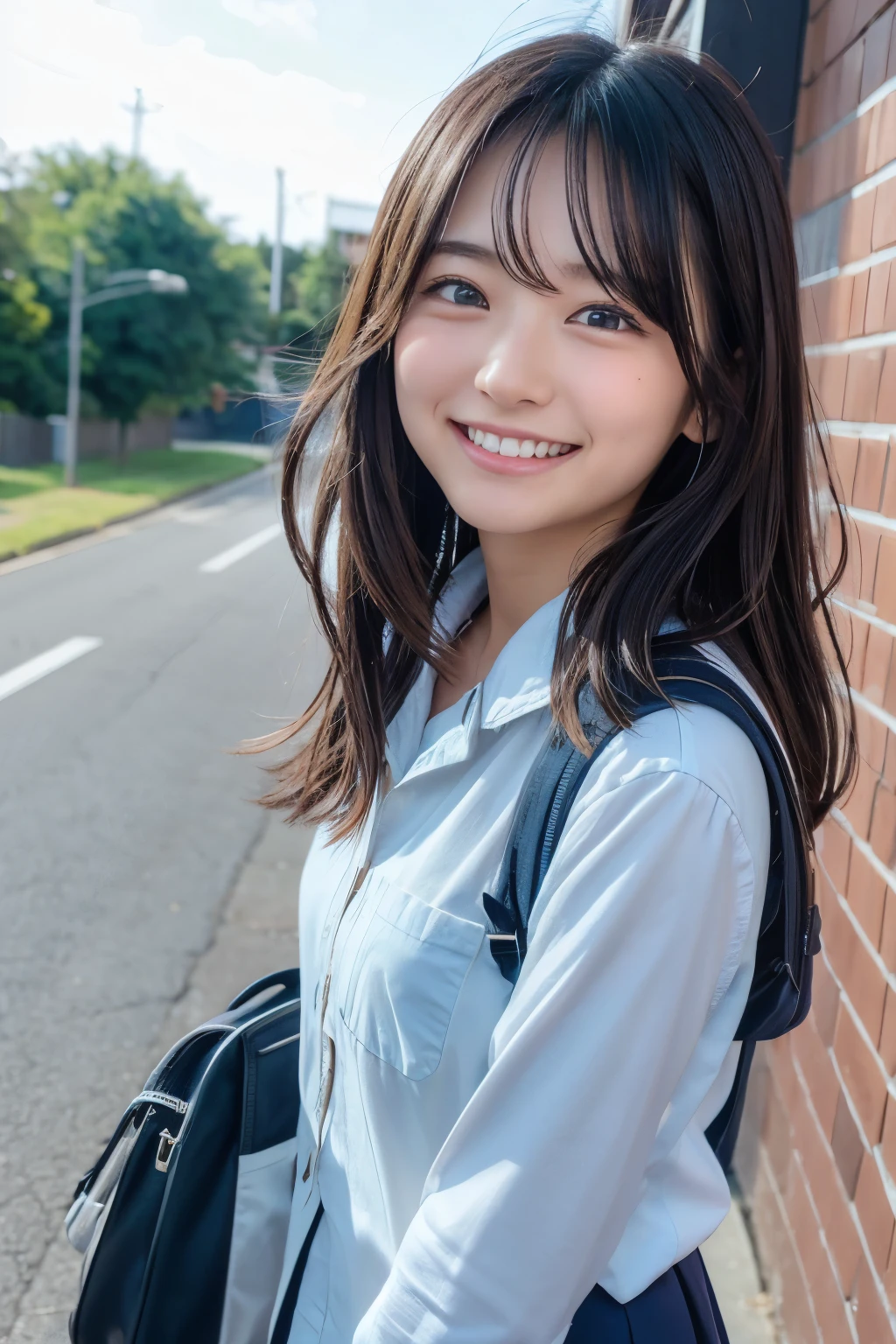 A cute high school girl is smiling at the viewer Hair blowing in the wind