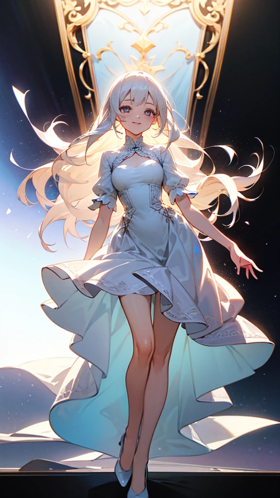 masterpiece, best quality, extremely detailed, detailed background, detailed face, 1girl, solo, dress, very long hair, full body, constellation, blunt bangs, blue dress, white hair, jewelry, hair ornament, high heels, yellow eyes, dark-skinned female, sparkle, light particles, one eye closed, shiny, glowing, overexposure, light particles, sunlight, sparkle,