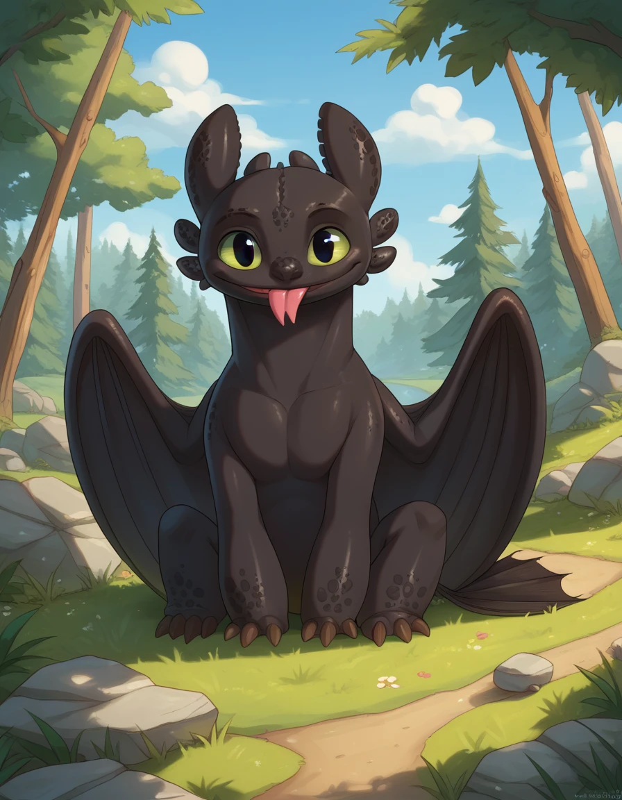 score_9, score_8_up, score_7_up, score_6_up, toothless_httyd, smile, tongue out, looking at viewer, forest, outside, day, sky, forked tongue, sitting