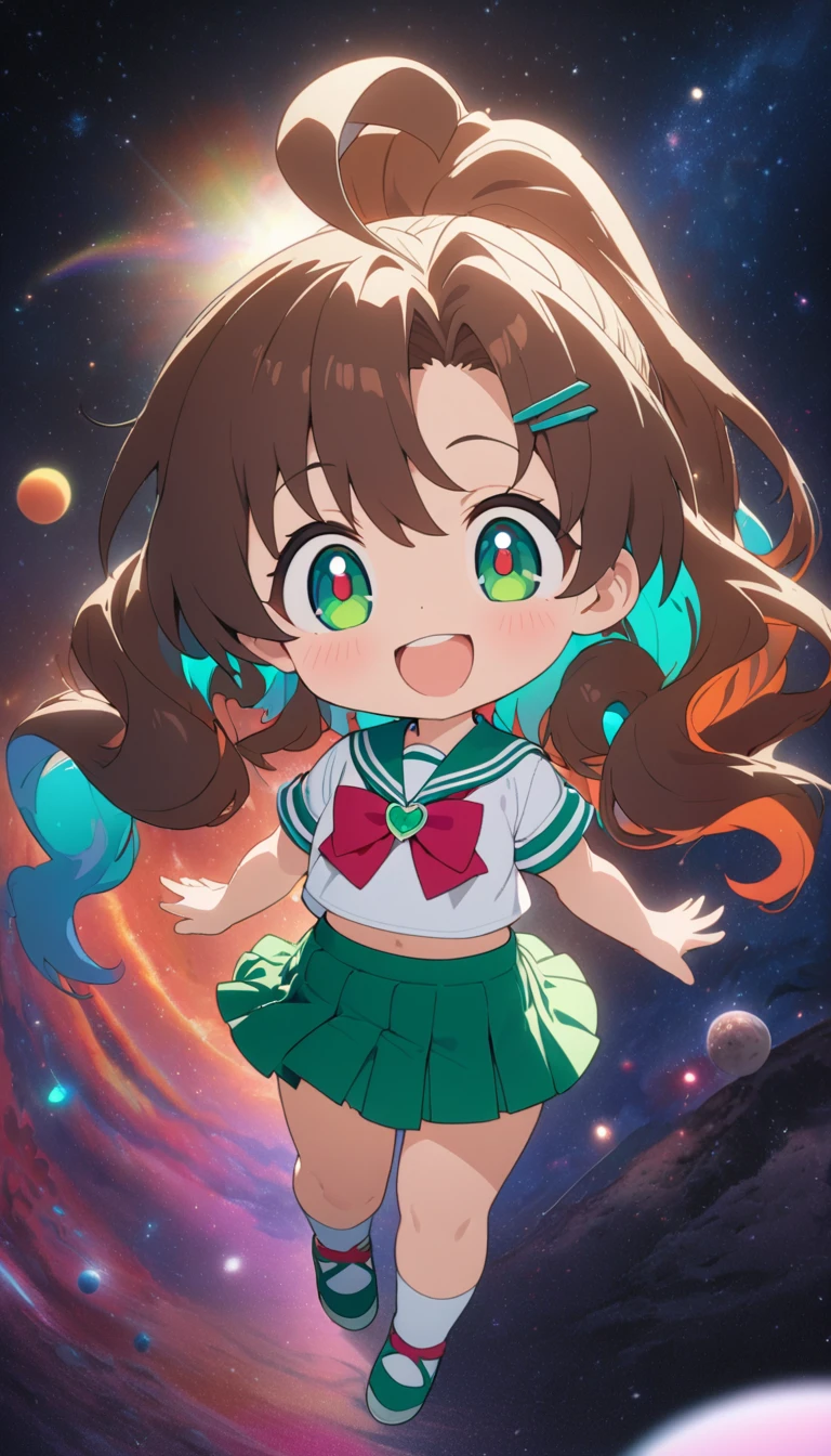 female child, glad, smiling, looking at viewer, high ponytail, green round hair clip rubber, ahoge, wavy hair,  brown hair, green eyes, big eyes, fair skin, chibi, A japanese sailor suit, green skirt, sailor jupiter, jupiter background, masterpiece, best quality, detailed, ultra detailed, hyper detailed, insanely detailed, exquisite, beautiful, Full-HD, 16K, cute, fantasy, vibrant academia, anime, 2d anime, chibi anime, icon, soft lines, soft surface, simple line drawing, full body shot, front view, best light, fast shutter speed, depth of field, highly saturated colors, vibrant colors, pale colors, best hand, space, cosmos