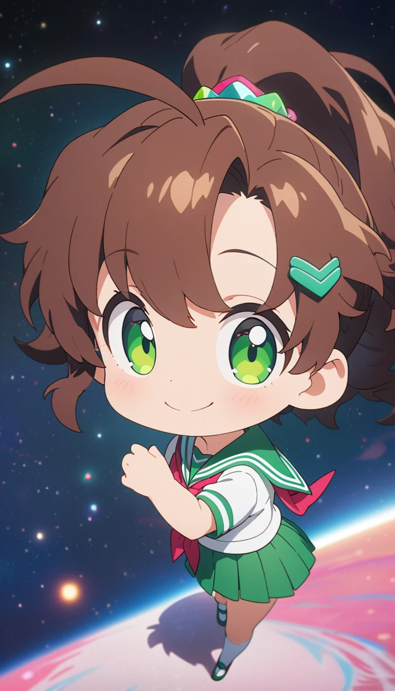 female , glad, smiling, looking at viewer, high ponytail, green round hair clip rubber, ahoge, wavy hair,  brown hair, green eyes, big eyes, fair skin, chibi, A japanese sailor suit, green skirt, sailor jupiter, jupiter background, masterpiece, best quality, detailed, ultra detailed, hyper detailed, insanely detailed, exquisite, beautiful, Full-HD, 16K, cute, fantasy, vibrant academia, anime, 2d anime, chibi anime, icon, soft lines, soft surface, simple line drawing, full body shot, front view, best light, fast shutter speed, depth of field, highly saturated colors, vibrant colors, pale colors, best hand, space, cosmos