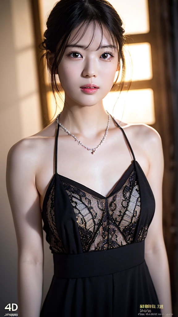 ((top-quality、8K、​masterpiece: 1.erfect Body Beauty: 1.4、Slender Abs: 1.2、Beautiful woman with slender abs:1.3、(Highlight Haircutreast B Cup:1.2), medium breast, round shape breast, perfect shape breast, ((  sexy , sheer )), necklace, hyperdetailed face、18year old、 Pretty women、(Dark brown short-cut hair), Slim Face、Highly detailed facial and skin texture、very detailed lips、opens legs、top-quality、​masterpiece、超A high resolution、(Photorealsitic:1.4), walked forward confidently, long shot ,  studio setup, photography steup, light from both side, background,