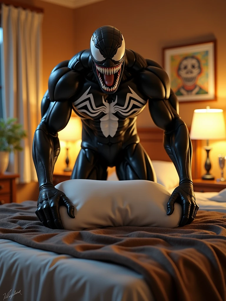 a highly detailed male venom, extremely muscular and aggressive body, sharp teeth, detailed face, back view, beautiful huge buttocks, balls, perineum, black body, lay down on bed, ((sleeping)), ((licking ass scene, Venom and humanoid, licking ass, Venom Get his ass licked by humanoid, face in ass)), (best quality,4k,8k,highres,masterpiece:1.2),ultra-detailed,(realistic,photorealistic,photo-realistic:1.37),hyper detailed,professional,cinematic lighting,dark moody atmosphere