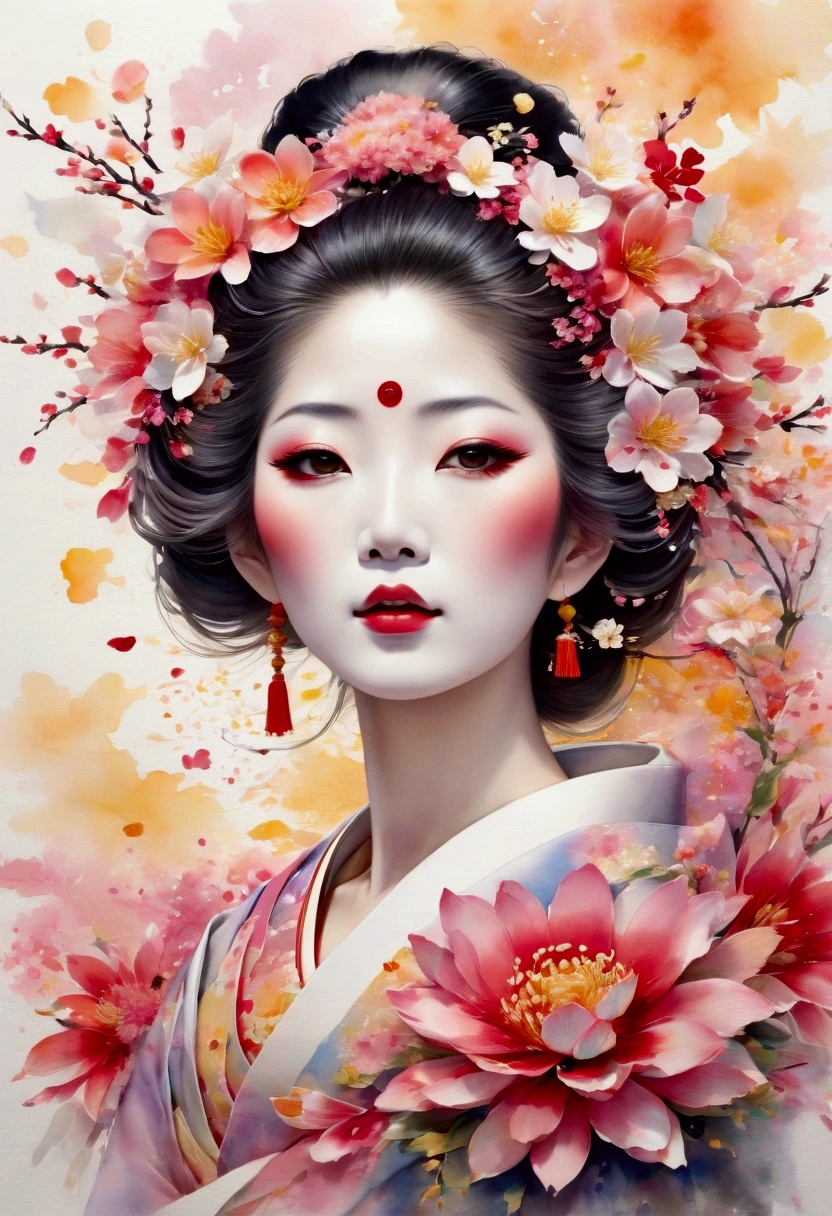 A masterpiece watercolor painting of an oiran, framed from the upper body, nearly obscured by an overwhelming flurry of flower petals that fill the entire scene. The painting features soft, delicate brushstrokes with transparent and overlapping colors that blend and bleed beautifully. The watercolor effect creates a graceful, fluid atmosphere, with the boundary between the figure and the background intentionally blurred. The petals nearly obscure the figure, adding to the dreamlike, ethereal quality of the scene.