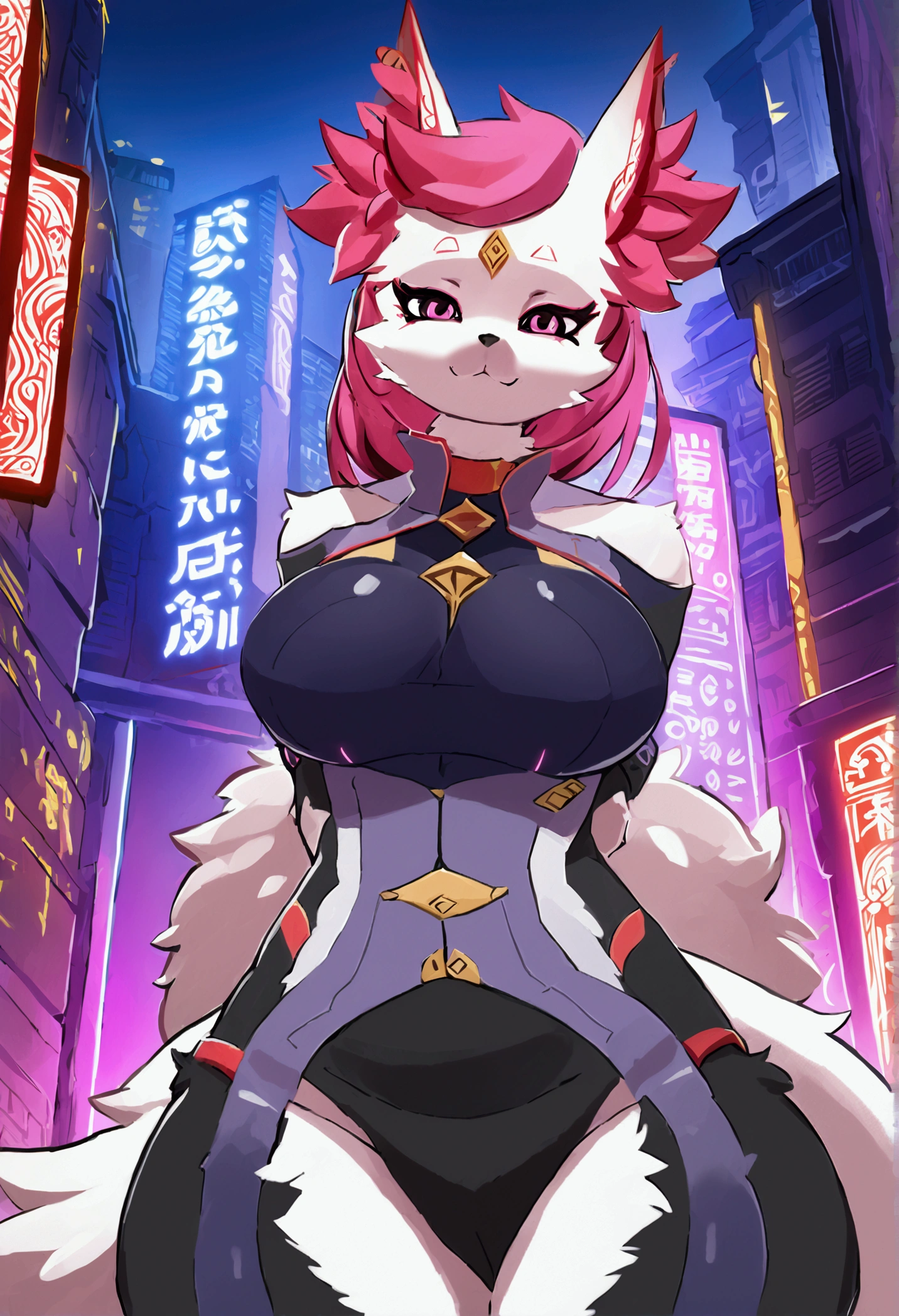 (top quality, best quality, High-quality illustrations, masterpiece, 16k, 1080p, uploaded on e621)(kemono, furry, anthro, alone), round, 1 female, hot mother figure, very detailed body face and eyes, kitsune, Kimiko Five-Tails, white furs, fluffy, big breasts, multiple tail, perfect eyes, pink eyes, pink hair, beautiful shrine bodysuit, beautiful night in cyberpunk city, body movement, body twitching,