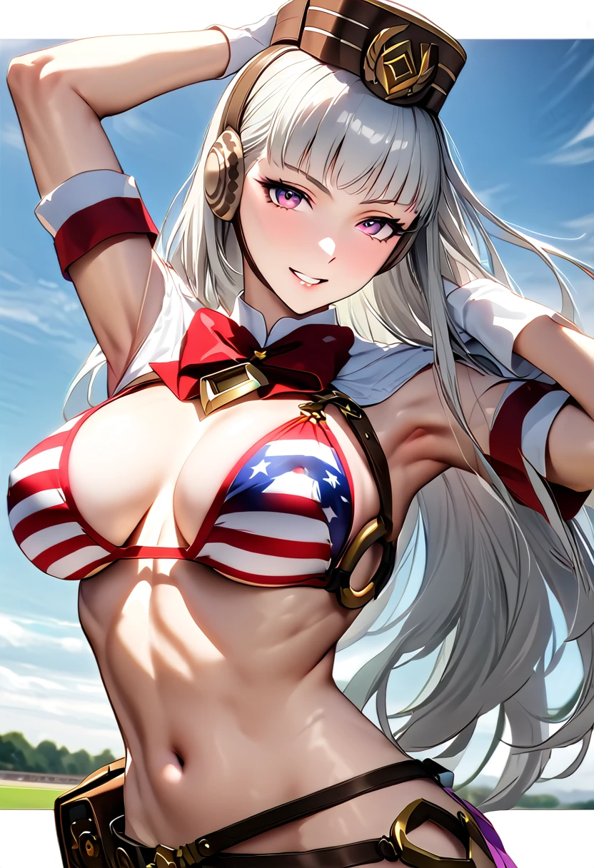 ((((Gold Ship 1 person))))、(Uma Musume),(Super huge giant chest),(blue sky)、(Grass stadium)、(Swimwear)、(((AMERICAN FLAG BIKINI)))、(Squat)、(Smiling with teeth showing)、(Show me your crotch)、(See-through nipples)、(Full body depiction)、{{{Browsing Caution}}}、{{{masterpiece}}}, {{{Highest quality}}}, {{ultra-detailed}}, {{shape}}, {{{Very delicate and beautiful}}},{{extremely detailed CG}}、{{unity 8k portrait}}、{{Fabric Shading}}、{{super detailed skin}}、{{Perfect Anatomy}}、{{detailed}}、{{Dynamic Lighting}}、{{{beautiful detailed eyes}}}、{{{beautiful detailed Face}}}、{{{Realistic, RAW Photos}}}、(Perfect Face)、(非常にdetailedな顔)、(Perfect Eyes)、(highlight)、(Perfect Legs)、(Perfect breasts)、(Perfect pose)、(Perfect body)