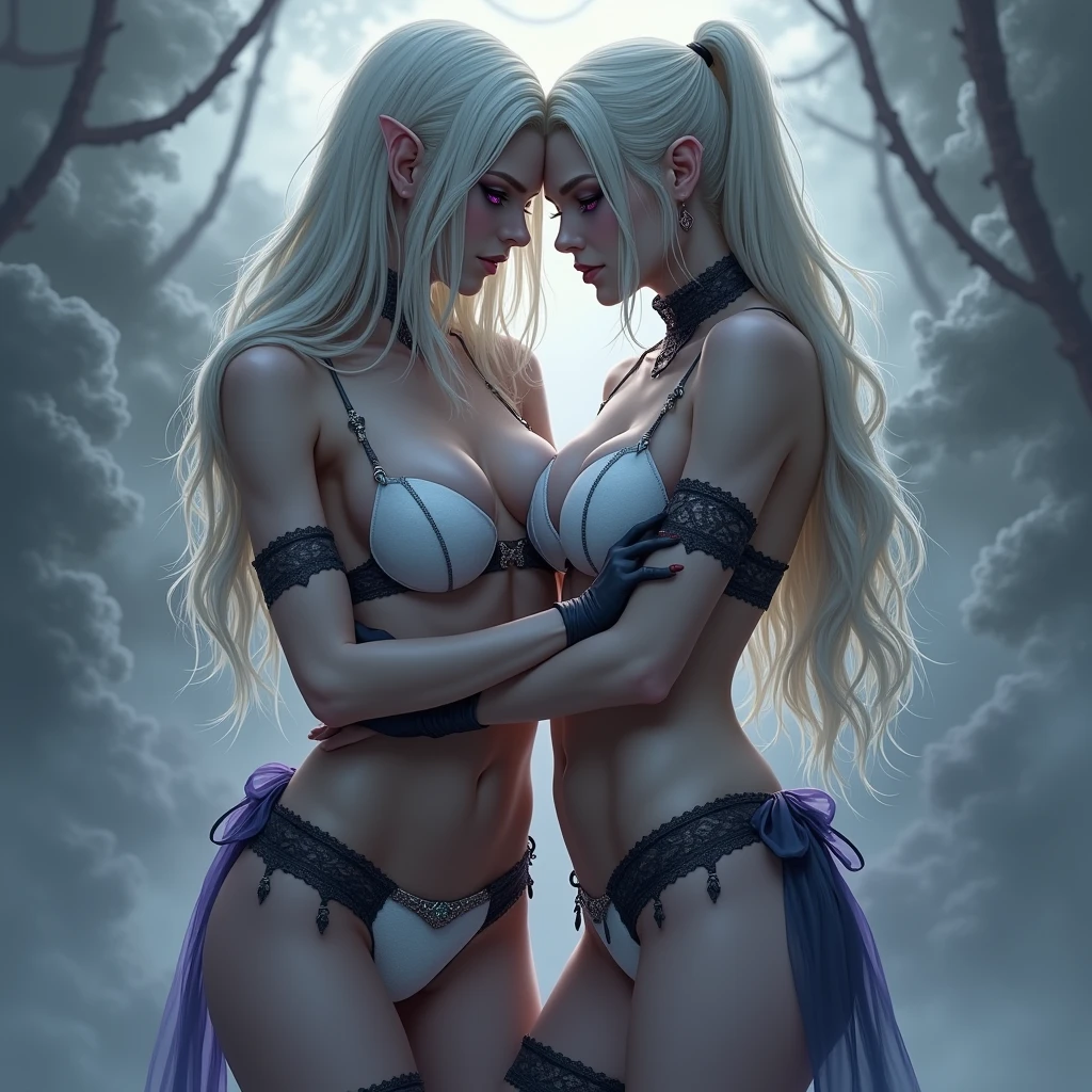 2.5D fresh painting style, sexy body plump body elf nun, Kyoto face, cute girl face, hungry sexy big sister, complex mesh white silk transparent wet folding nun top, white thick liquid flowing on the body, prominent pink halo, breastfeeding each other, estrus body, menstrual bleeding, sticking out the tongue, licking the middle of each other's crotch, liquid flowing, tight dark transparent black fishnet tearing pantyhose, body strangled by rusty chains red scars and bleeding, The limbs are shackled and pulled apart by chains and suspended in the air fingers are inserted into each other to mate, the two women are up and down to expose the whole body to mate, defecate, excrete, tightly wrap around each other, fingers into each other's flesh, exhale white vapor, open wounds, body penetrated by crosses, scarred and exhausted, crazy reproductive behavior, stretching the body, relaxing posture, rich crotch details, pubic hair, white hair and blue eyes, Gothic church, wet floor, white liquid, 8k quality, maximum detail, wet skin, detailed organs, full body picture --auto --s2