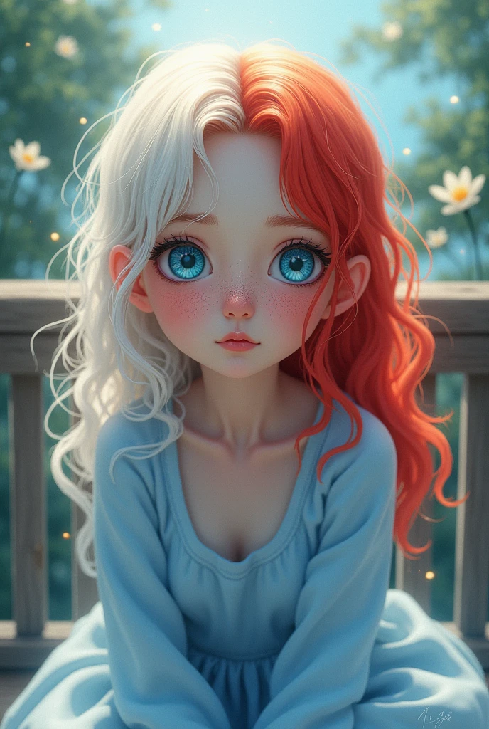 Blind box toy style，A cute ，red tinted hair，Medium length shoulder hair，Happy，Black pupils，Light laughter，Light blue clean background，Flawless Face，Sit on a rock，avatar close up，looking at viewert。