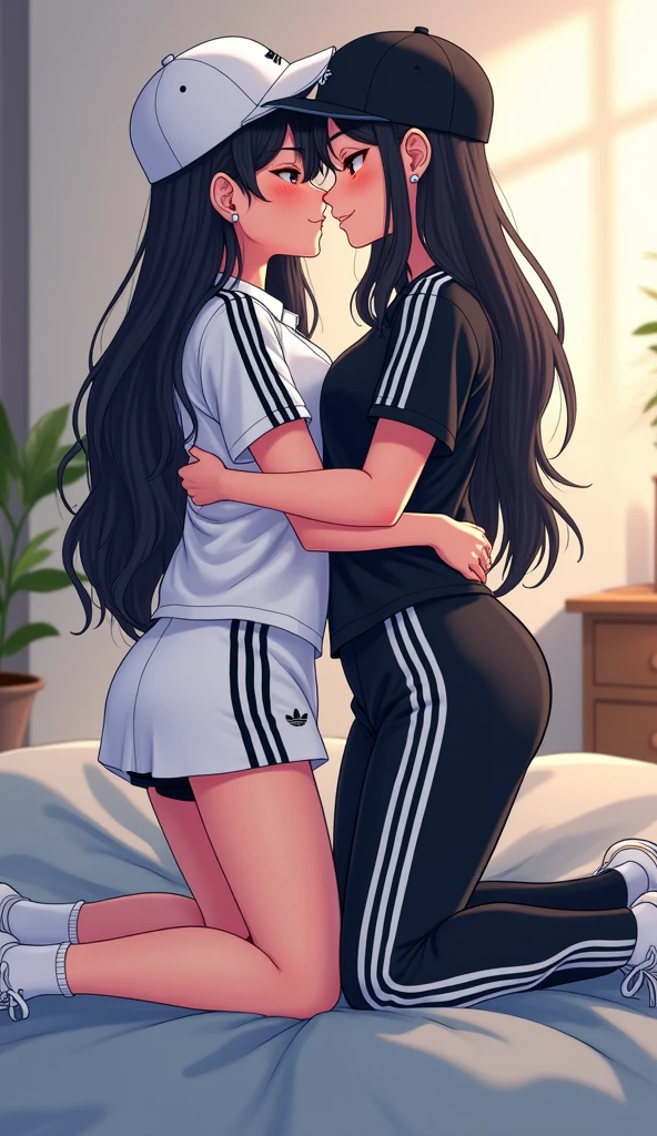 Two girls long black hairs, yuri

The first girl wear a white polo shirt pink shirt collar pink sleeves, pink cap, pink adidas sweatpants with three white stripes, black underpants, white socks.

The second girl wore a white polo shirt grey shirt collar grey sleeves, grey cap, grey adidas sweatpants with three white stripes, black underpants, white socks.

The hem of their polo shirt was tucked into their pants.

used hands reach to inside the grey sweatpants and fingering into pussy, sensual body, closed eyes, bedroom, novel cartoon, 4K, HD