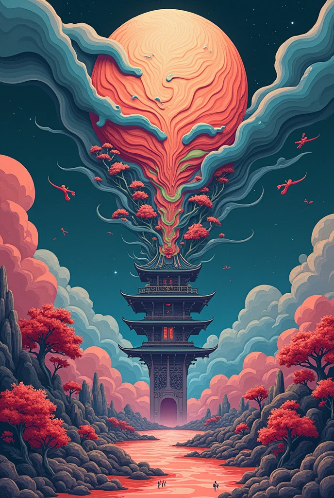 NSFW, (((unrealistic nightmare, Colorful, Fluffy, Abstract, Masterpiece))), Surreal landscape, Distorted shapes, Pastel colors, Dreamlike, Molten textures, Swirling patterns, Inconsistent perspective, Unnatural proportions, (Detailed, Unsettling), High contrast, Ethereal atmosphere, Vibrant hues, (Uncanny, dreamscape), (Nightmare scene), surrealistic, (1.0), Unrestrained imagination, Incoherent thoughts, Bizarre scenarios, Distorted emotions, (Intense, hallucination), Transformative, (0.5), Unpredictable, Whimsical, Episodic. 16k, a painting of a pagoda in the evening, in the style of graphic design-inspired illustrations, circular shapes detailed botanical illustrations, light cyan and orange can't believe how beautiful this is, mythological influences, chinapunk high quality, Super detailed, Super exquisite, 8k, Paper-cut art,architecture,masterpiece,high quality,Super detailed,Super exquisite,8k, ((perfect face of cyberpunk mecha japanese girl)),