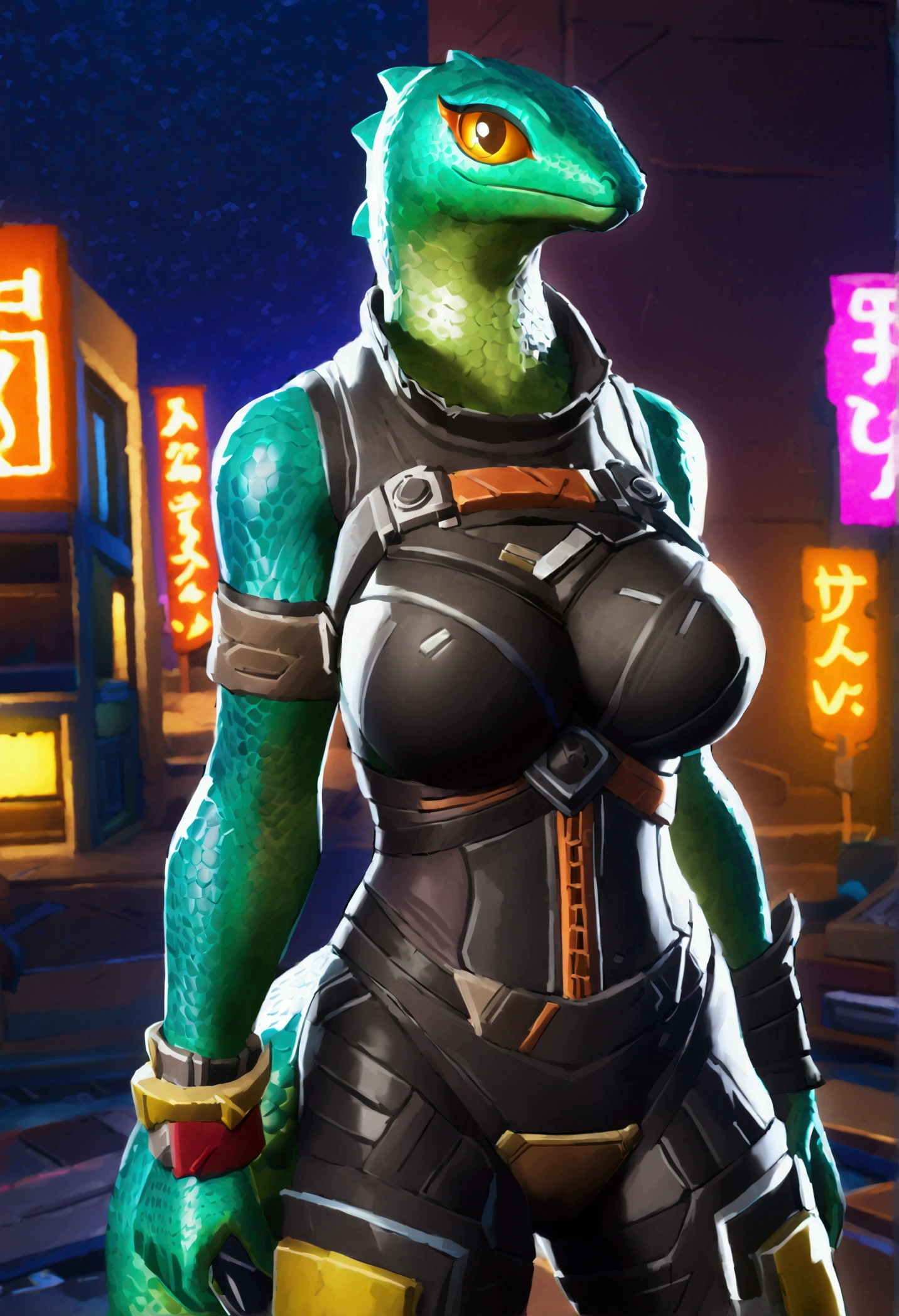 (top quality, best quality, High-quality illustrations, masterpiece, 16k, 1080p, uploaded on e621)(kemono, furry, anthro, alone), round, 1 female, hot mother figure, very detailed body face and eyes, lizard, Lizzik, (Fortnite), green scales, big breasts, tail, perfect eyes, lizard eyes, orange sclera eyes, lizard hair, beautiful shrine bodysuit, beautiful night in cyberpunk city, body movement, body twitching,