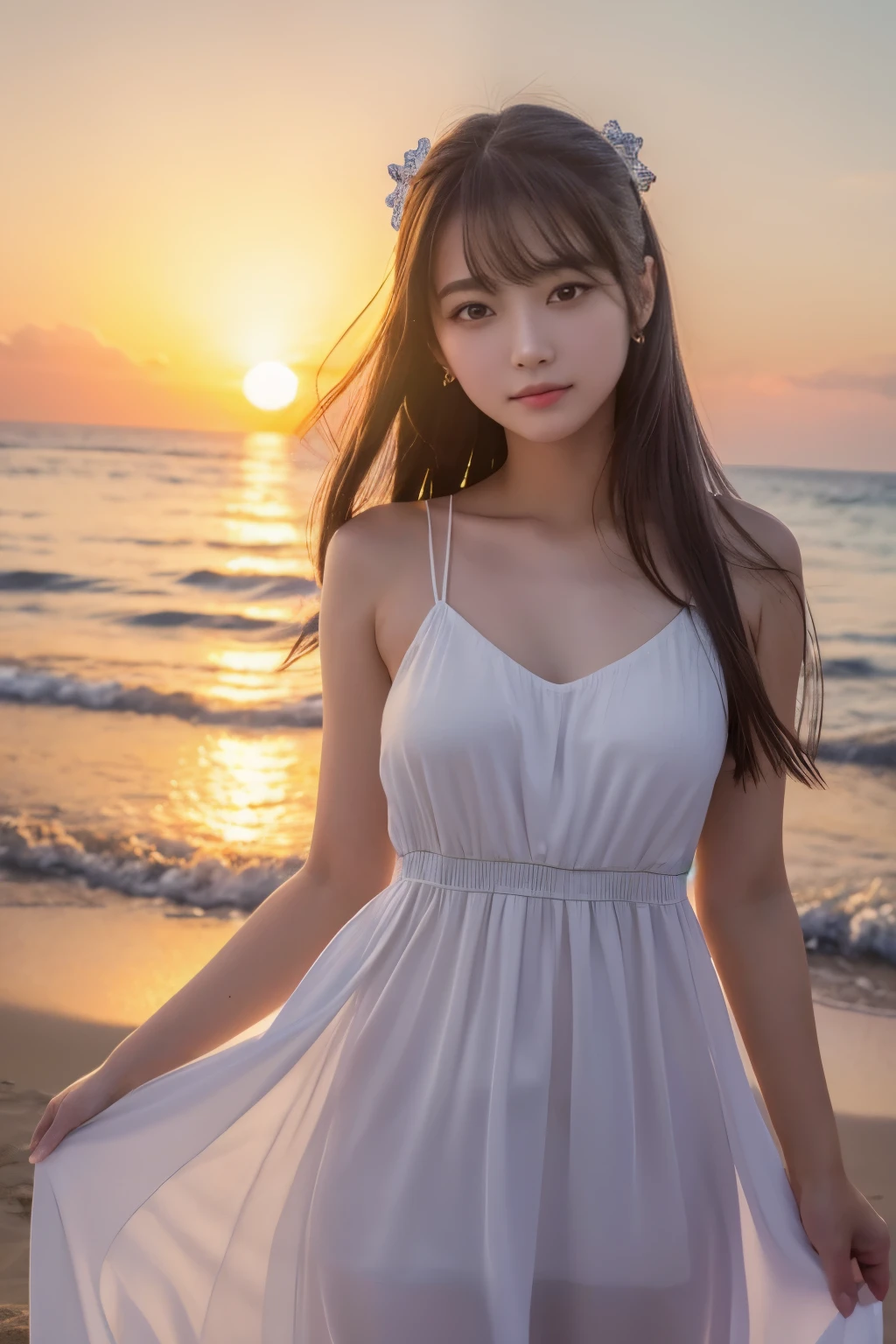 8K, Raw photo, Realistic, (detail, Best Quality:1.2), Full body shot, Photo from the front, Cinematic lighting, Late night beach, fullmoon, (White lace dress), Teenage girl, Black Long Hair, Fairer skin, skinny body