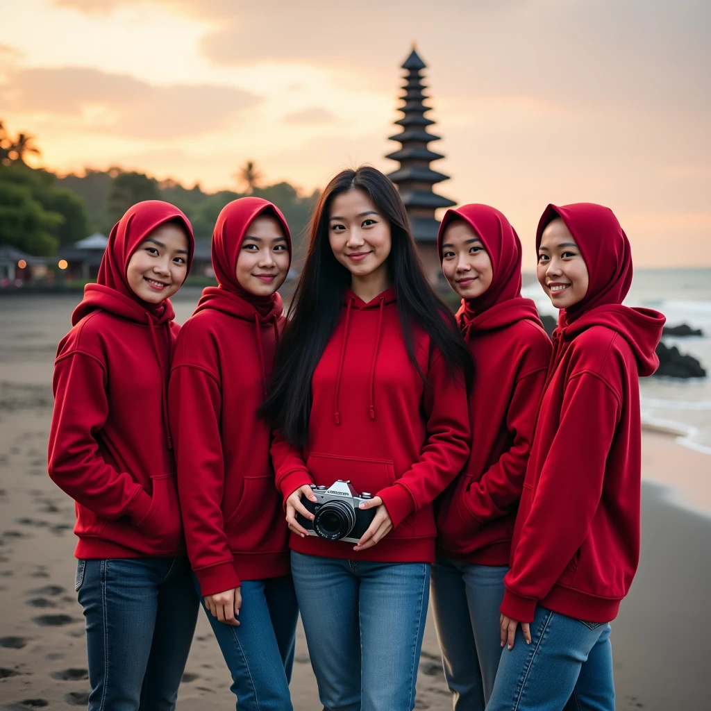 realistic photo of 3 Indonesian women aged 38 years all wearing red hijabs, 2 Indonesian men aged 38 years, (all wearing yellow uniform t-shirts with the words "BESTFRIEND Burger & Chicken Jatisawit"), all wearing blue denim trousers, wearing sneakers, taking a selfie together. everyone smiled happily. mountain and flower garden background. Skin details, HD, 8K