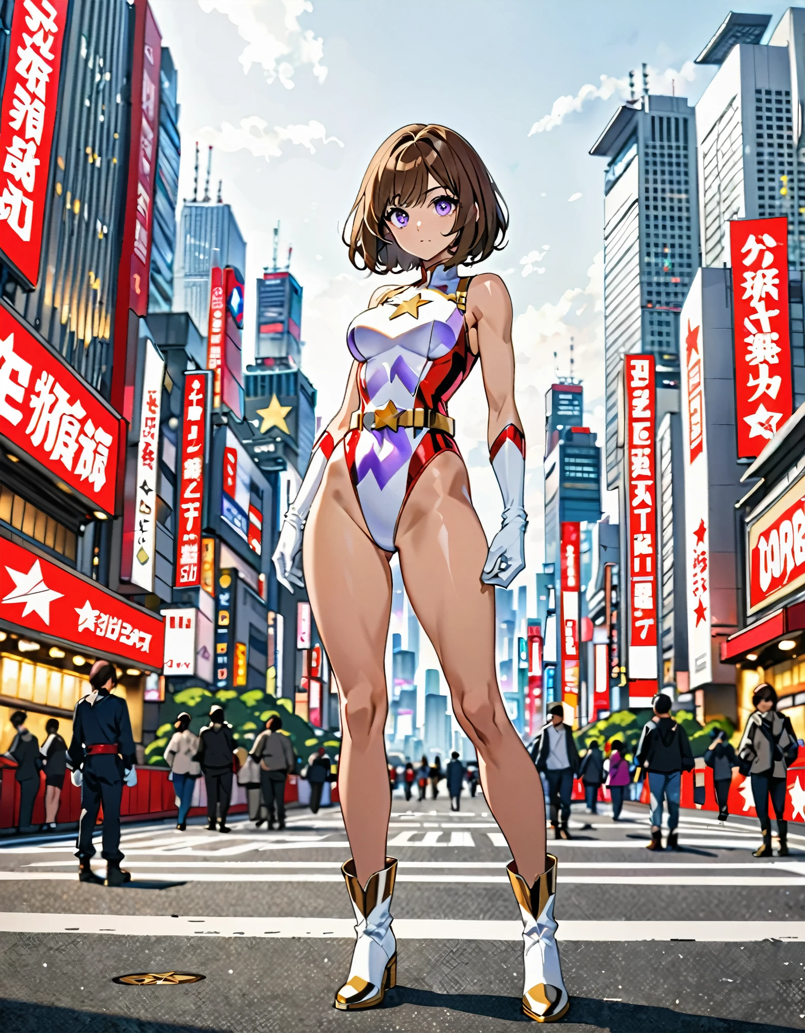 1girl, superhero, leotard, highleg leotard, bare legs, boots, standing, solo focus, tight belt, hands on hip, full body shot, city backdrop, sleeveless, ultra highres, absurdres, beautiful face, detailed eyes, symmetric eyes, {{only five fingers}}