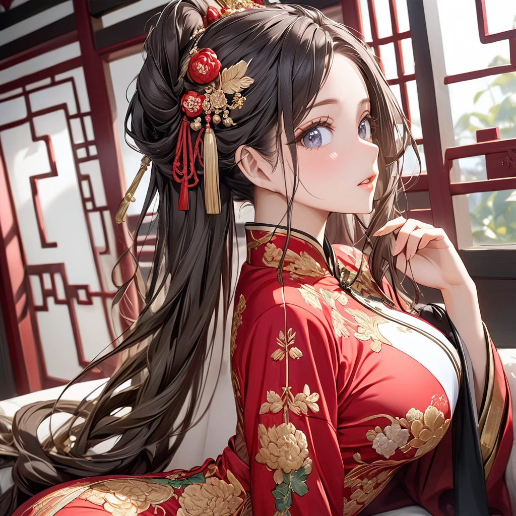 ((Highest quality)), ((masterpiece)), (detailed), （Perfect Face）、The woman is Satomi Ishihara, with black hair, large breasts and beautiful proportions.、The woman is wearing a red long-slit cheongsam with gorgeous gold embroidery and trim, and is adorned with luxurious accessories.、Her hair is styled in a Chinese style.