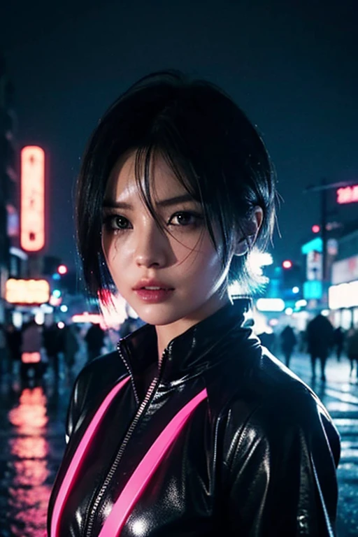 cyber punk. Near future. woman. 30th Generation. Beauty.Short Hair. sexy. Black Hair. Perfect Style. Neon Town. rain. night. looking at the camera. Japanese. whole body. かっこいいwoman.