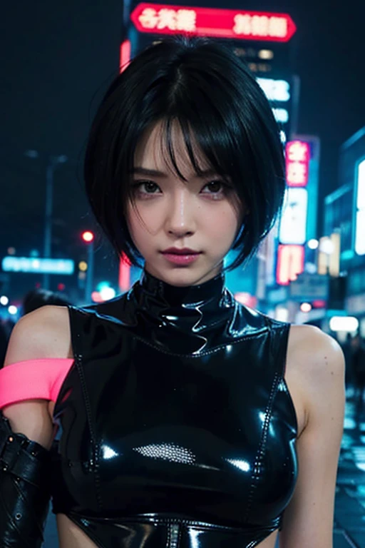 cyber punk. Near future. woman. 30th Generation. Beauty.Short Hair. sexy. Black Hair. Perfect Style. Neon Town. rain. night. looking at the camera. Japanese. whole body. かっこいいwoman.