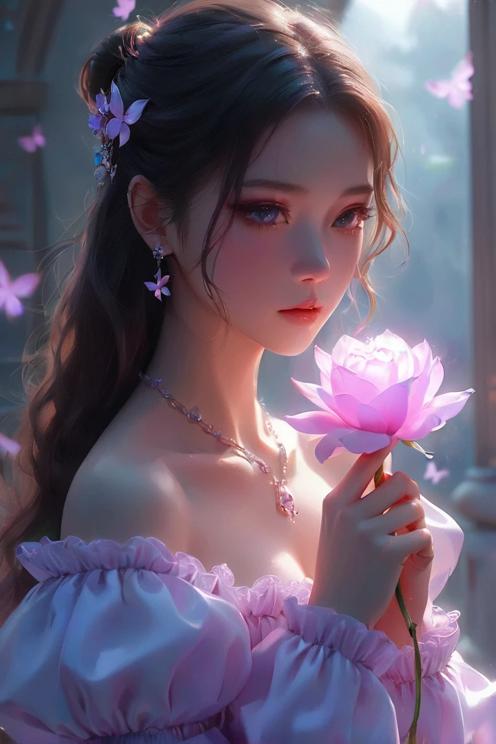 There is a woman in a pink dress holding a pink flower., fantasy art style, beautiful digital art, trends on cgstation, digital fantasy art ), artwork in the style of guweiz, ross tran 8k, Guweiz, 🌺 CG Society, por Li Song, beautiful fantasy art, High quality 8k detailed artwork, beautiful fantasy art portrait, ethereal beauty