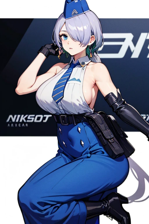 nikkebrid, large breasts, low ponytail, hair over one eye, earrings , garrison cap, sleeveless shirt, long skirt, blue necktie, belt pouch, elbow gloves, high heel boots