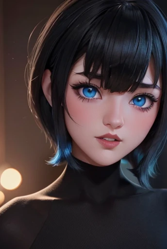 Cute girl with beautiful detailed face with black and voluminous lips sensual and tender smile, looking at the viewer stunning blue eyes white skin black eyeliner, short black hair with bangs nsfw detailed perfect slim body 