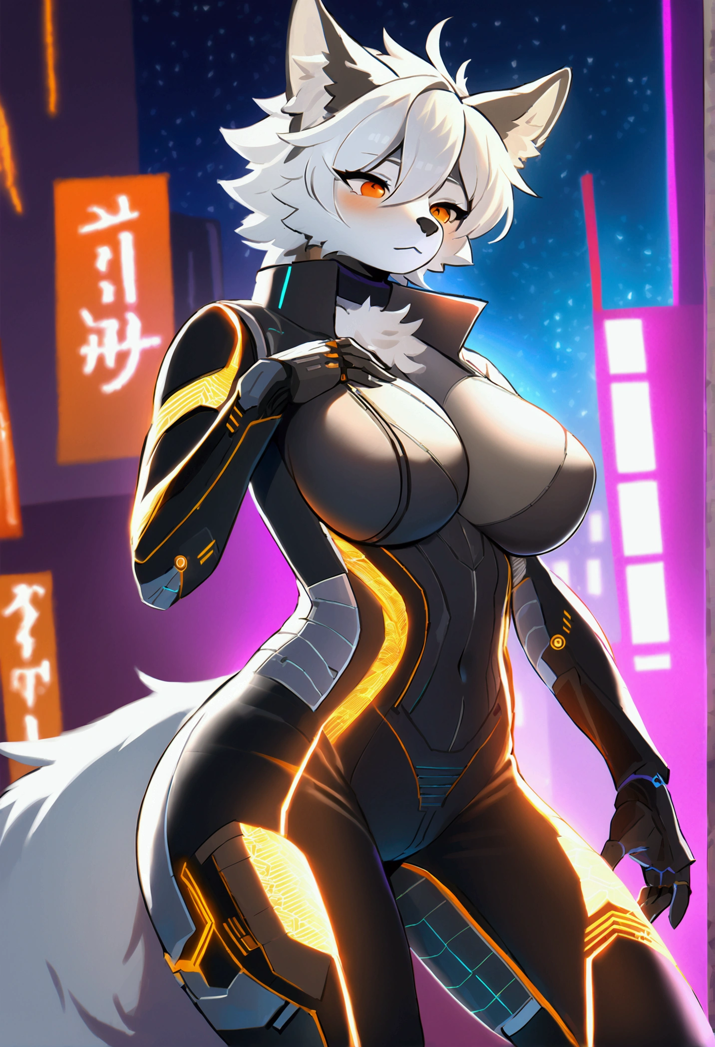 (top quality, best quality, High-quality illustrations, masterpiece, 16k, 1080p, uploaded on e621)(kemono, furry, anthro, cyborg, alone), round, 1 female, hot mother figure, very detailed body face and eyes, cybernetic fox, cybernetic dark body, orange glow, big breasts, tail, perfect eyes, orange eyes, hair, beautiful hacker bodysuit, beautiful night in cyberpunk city, body movement, body twitching,